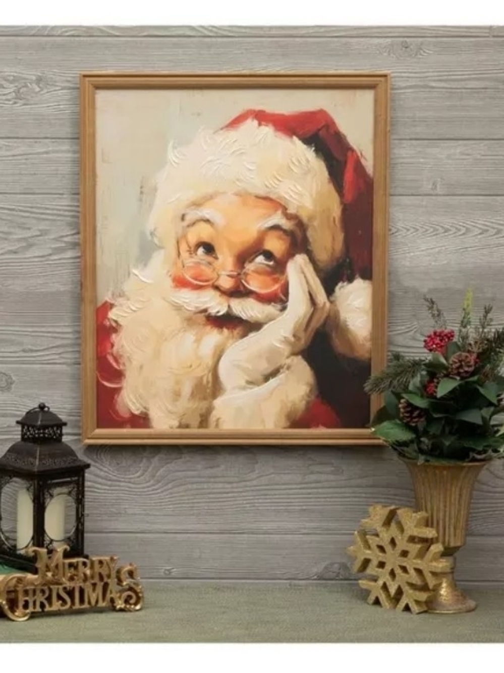 viral Hobby Lobby Vintage Santa Framed Wood Wall art 24X20 Chin on Hand Glasses